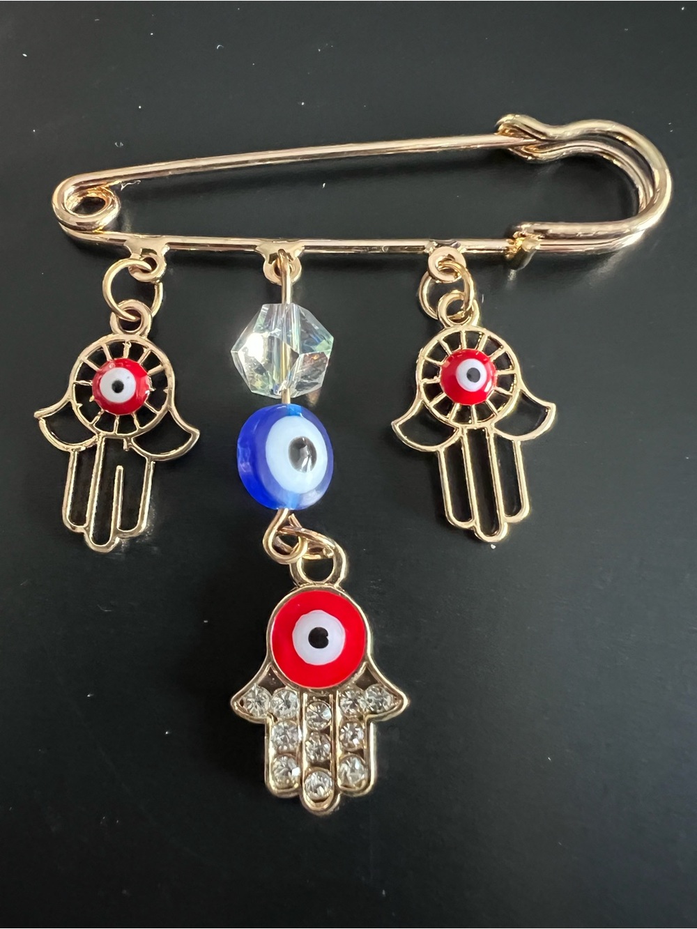 Gold Hamsa Evil Eye Safety Pin Brooch - Blue and Red Accent